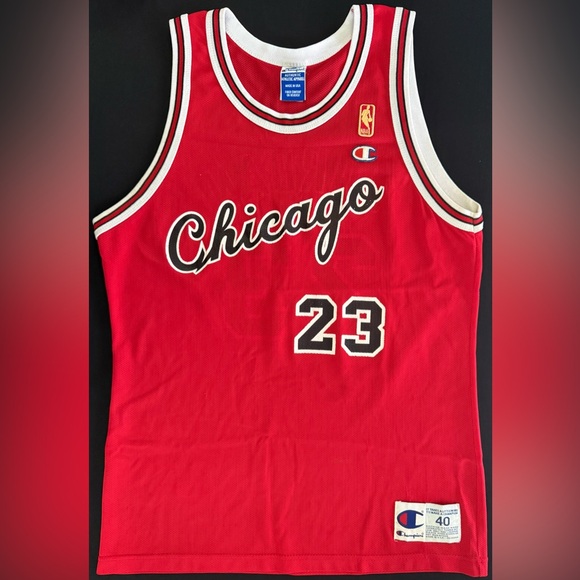 Champion Michael Jordan Chicago Bulls #23 Red Cursive Throwback Jersey Gold Logo - Picture 3 of 9